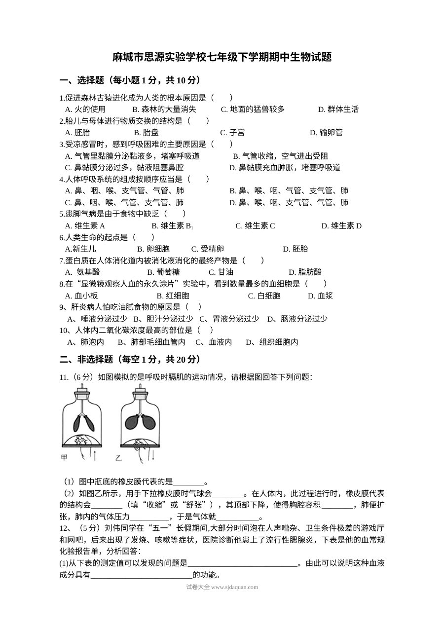 人教版七年级生物下册期中考试试题及答案（麻城市思源实验学校）