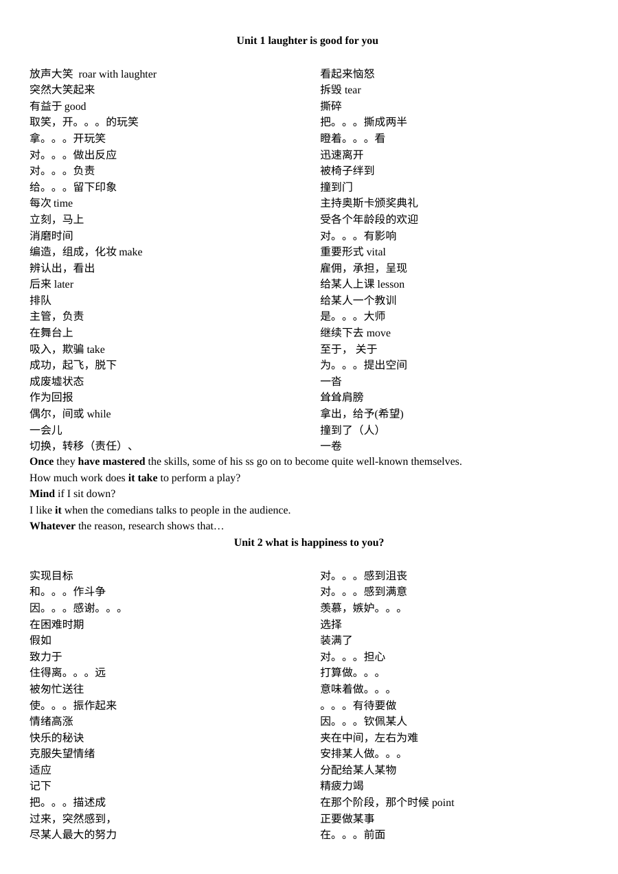 高二英语选修6 Module 6 各单元重点词组与句式单元测试卷