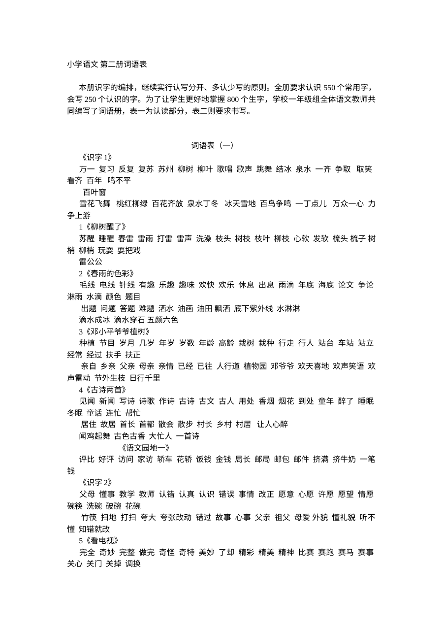 人教版小学一年级语文下册词语表（一）专项练习