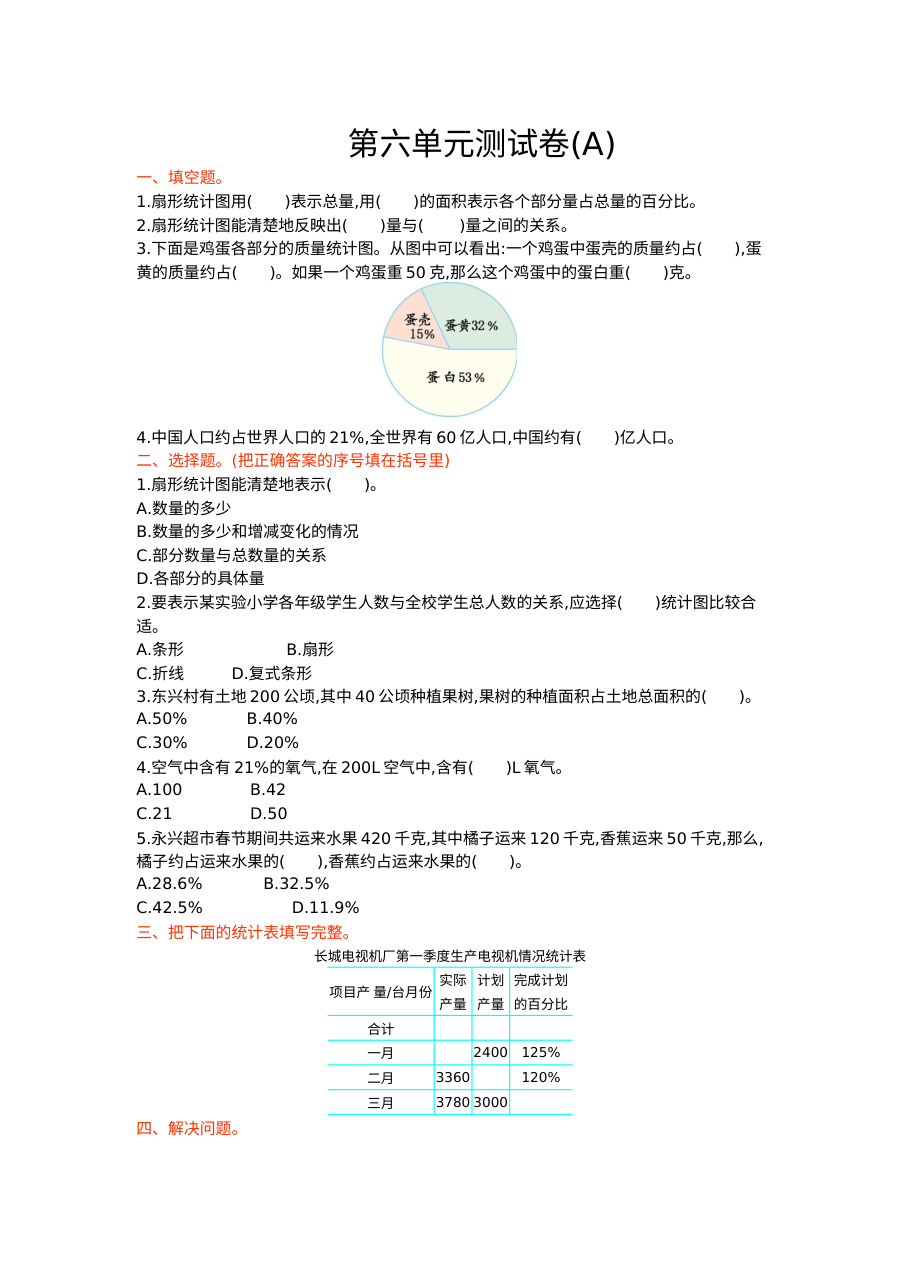 2021年六年级数学上册第六单元测试题及答案一【北京版】