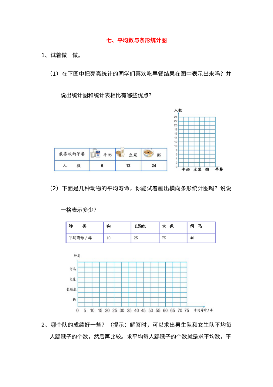 2021四年级上册七、平均数与条形统计图复习题及答案【青岛版】