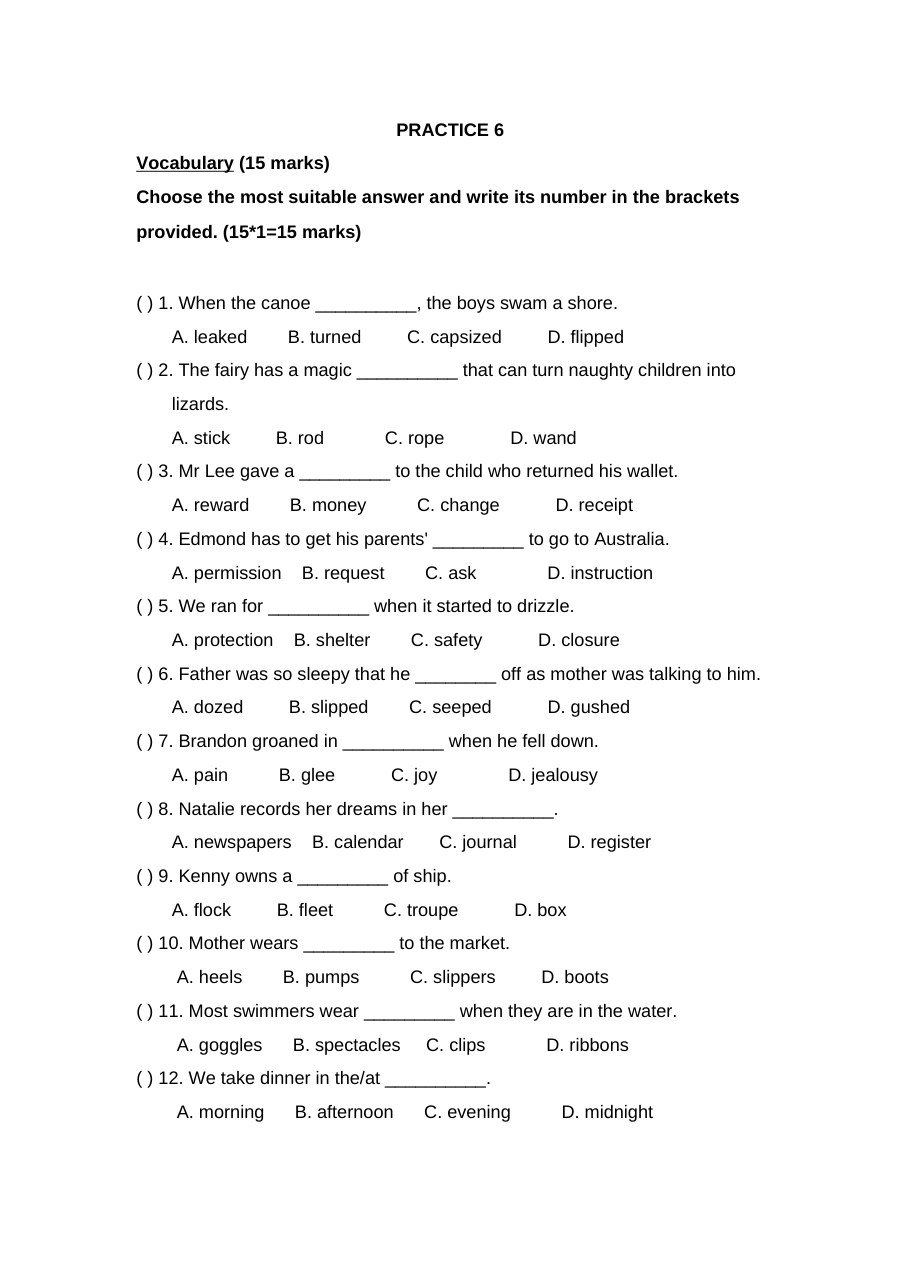 新加坡小学二年级英语试卷PRACTICE 6