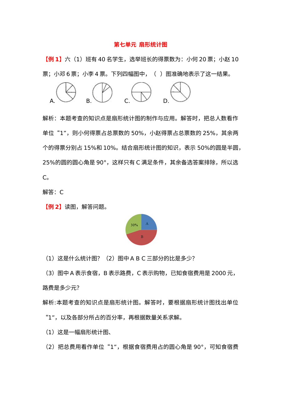 2021年六年级上册第七单元扇形统计图试题解析【人教版】