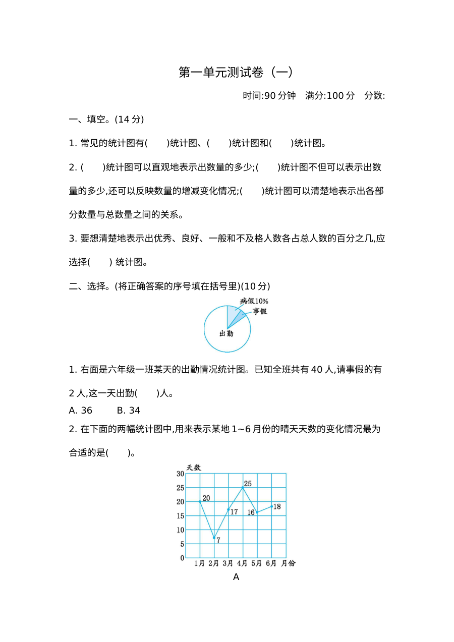 2020-2021学年第二学期苏教版六年级数学第一单元检测题及答案二