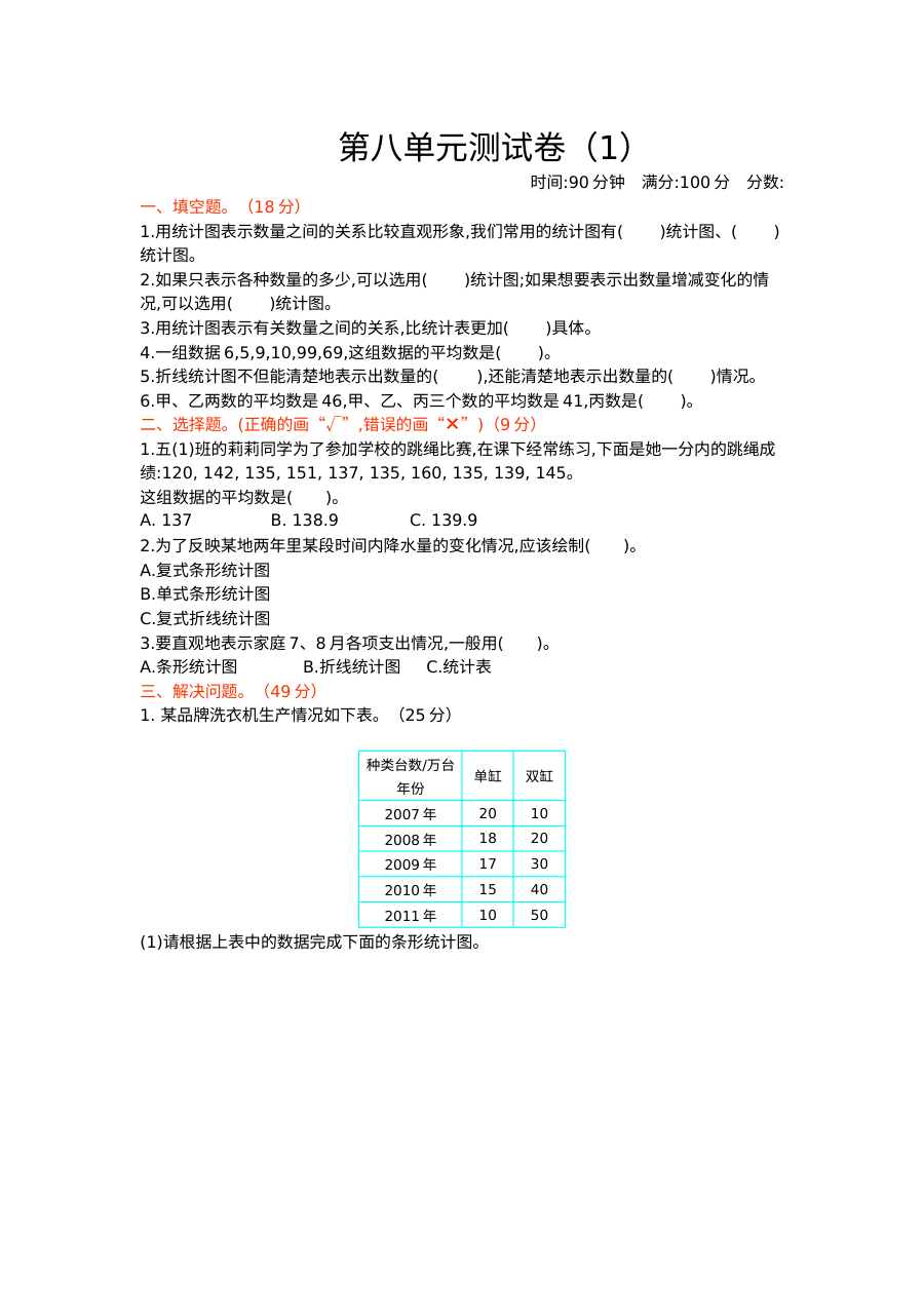 2020-2021学年第二学期北师大版五年级数学第八单元测试题及答案
