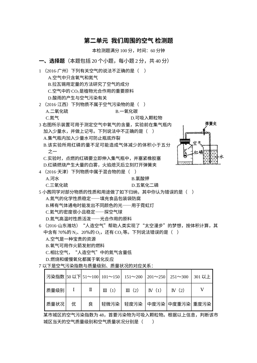 2016年人教版九年级化学上册第二单元《我们周围的空气》单元测试卷（含答案解析）