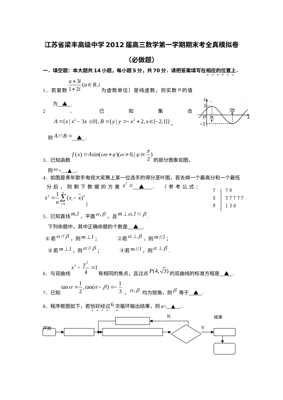 2012届高三数学上学期期末模拟测试卷（苏教版）含答案解析