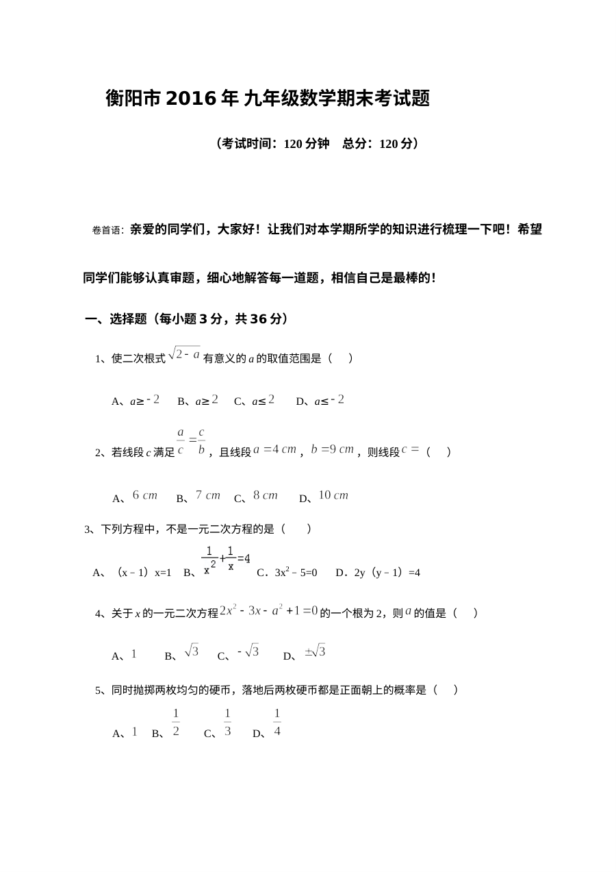 衡阳市2016-2017学年上学期九年级数学期末考试试卷（人教版含答案）