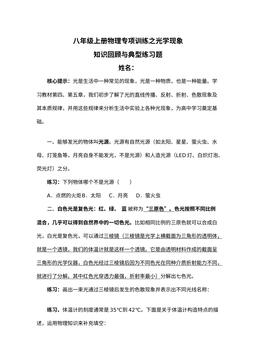人教版八年级上册物理期末专项突破：光学专题复习卷