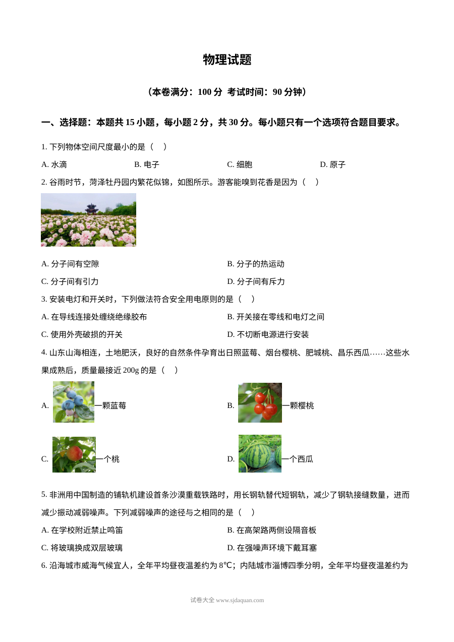 2026年山东省中考物理真题试卷（人教版）