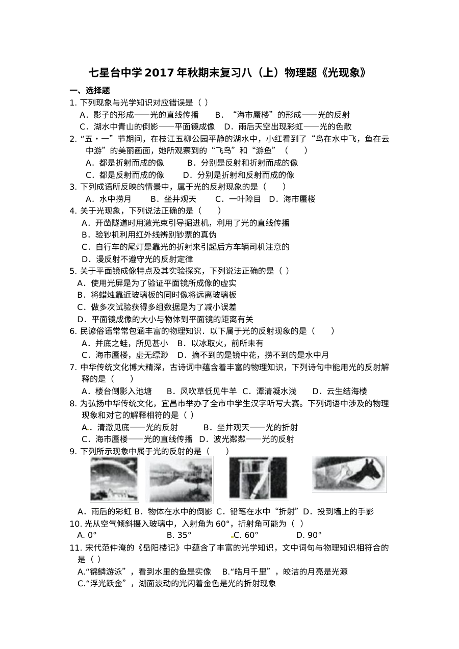 人教版八年级物理上册期末复习《光现象》专题训练卷（七星台中学2017年秋）