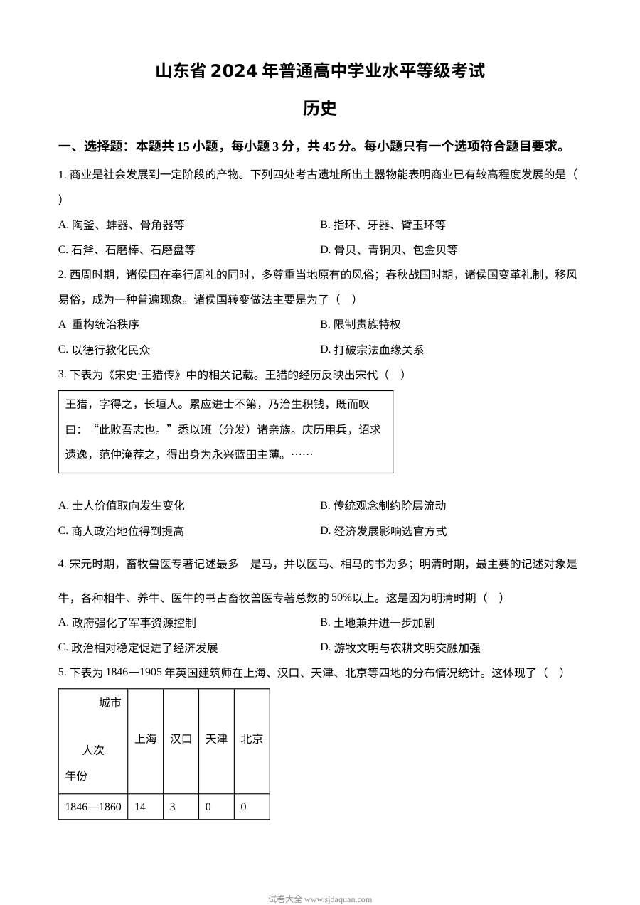 2024年山东省高考历史真题试卷（人教版）