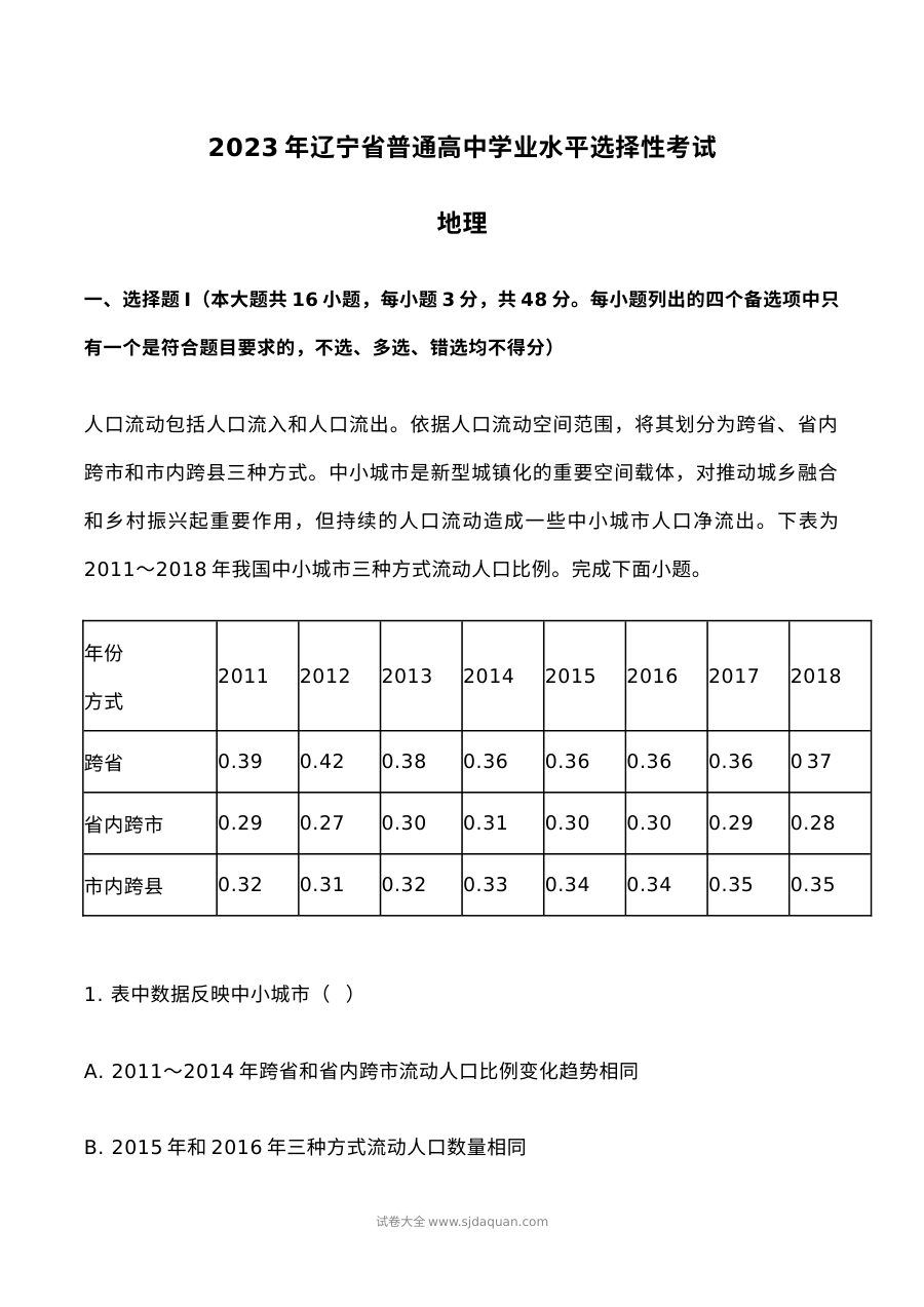 2023年高考地理试卷（辽宁）