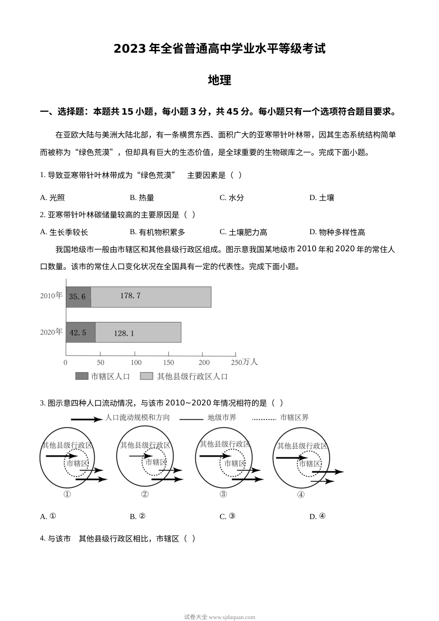 2023年山东高考地理真题（原卷版）
