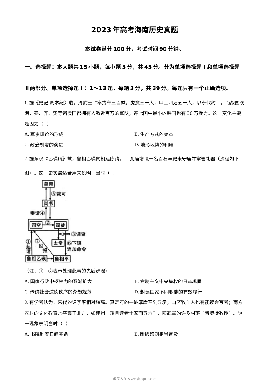 2023年高考历史试卷（海南）