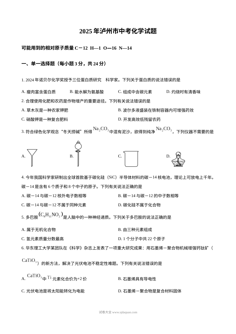2025年四川省泸州市中考化学真题（人教版）