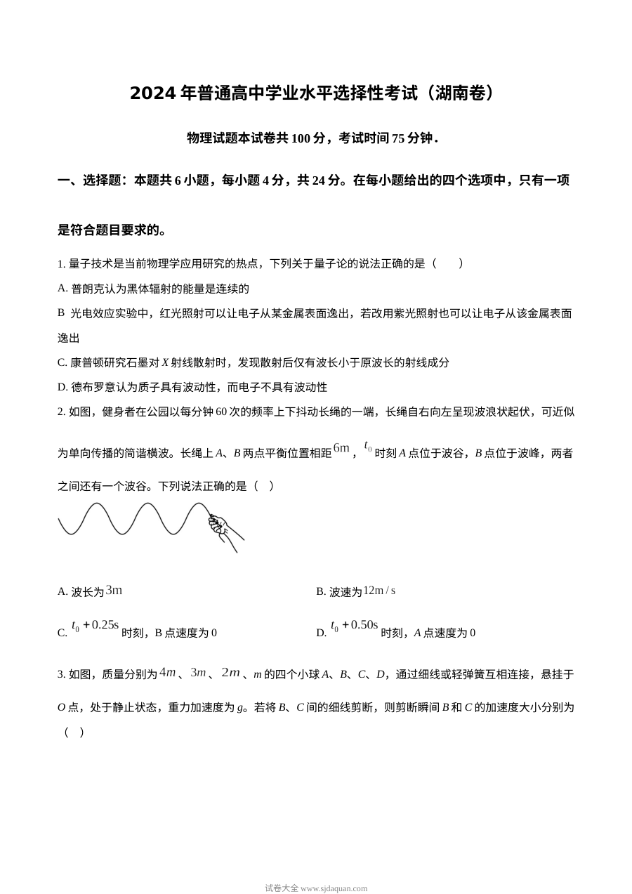 2024年湖南省高考物理真题试卷（人教版）