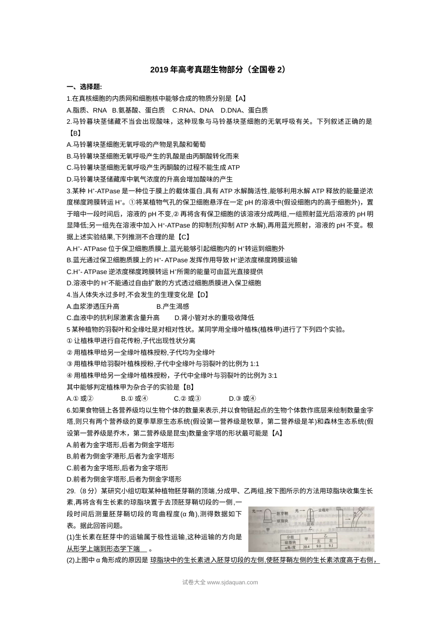 2019年普通高等学校招生全国统一考试理科综合能力测试（全国II卷）生物试题（含参考答案）