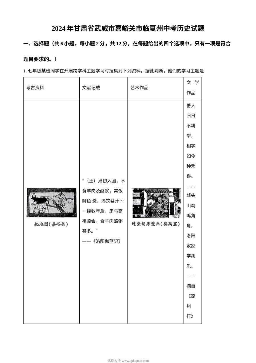 2024年甘肃省武威市嘉峪关市临夏州中考历史真题（人教版）