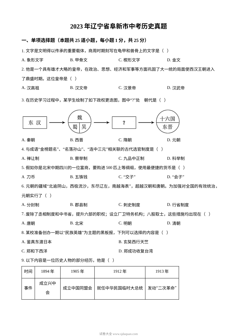 2023年辽宁省阜新市中考历史真题（原卷版）