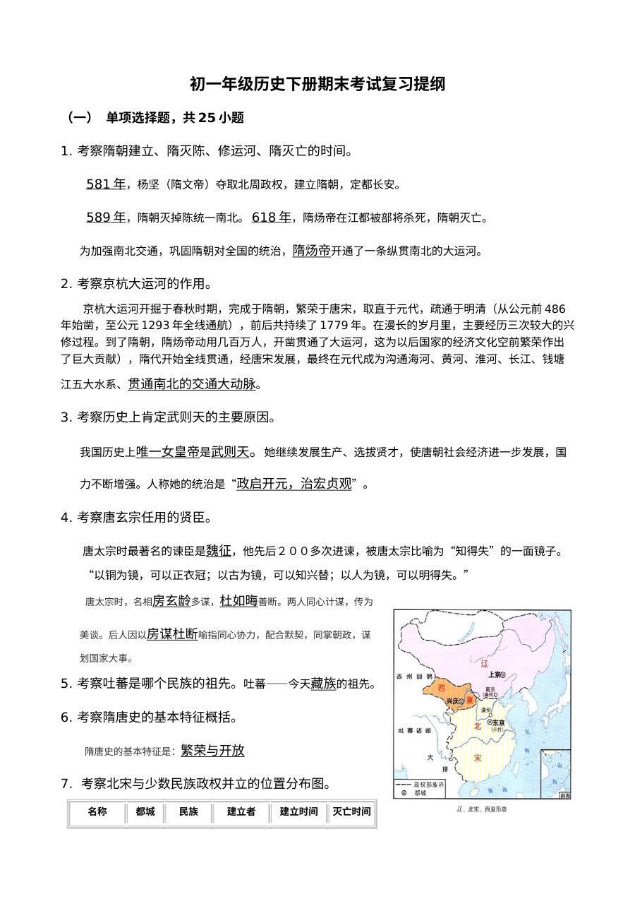 人教版初一历史下册期末复习知识点汇总（七年级历史下学期）