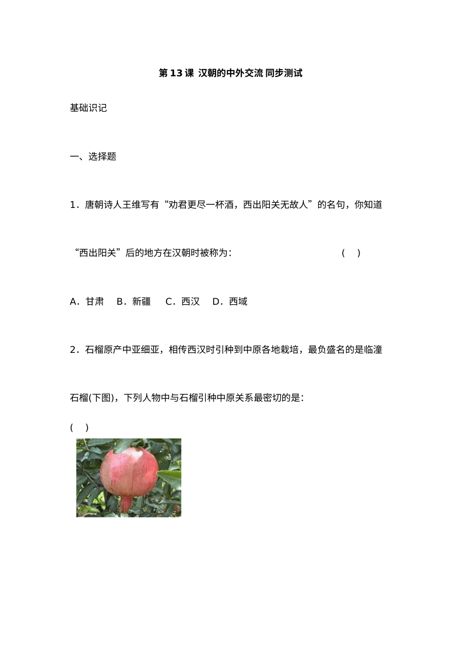 华师版七年级上册历史第13课汉朝的中外交流同步测试卷