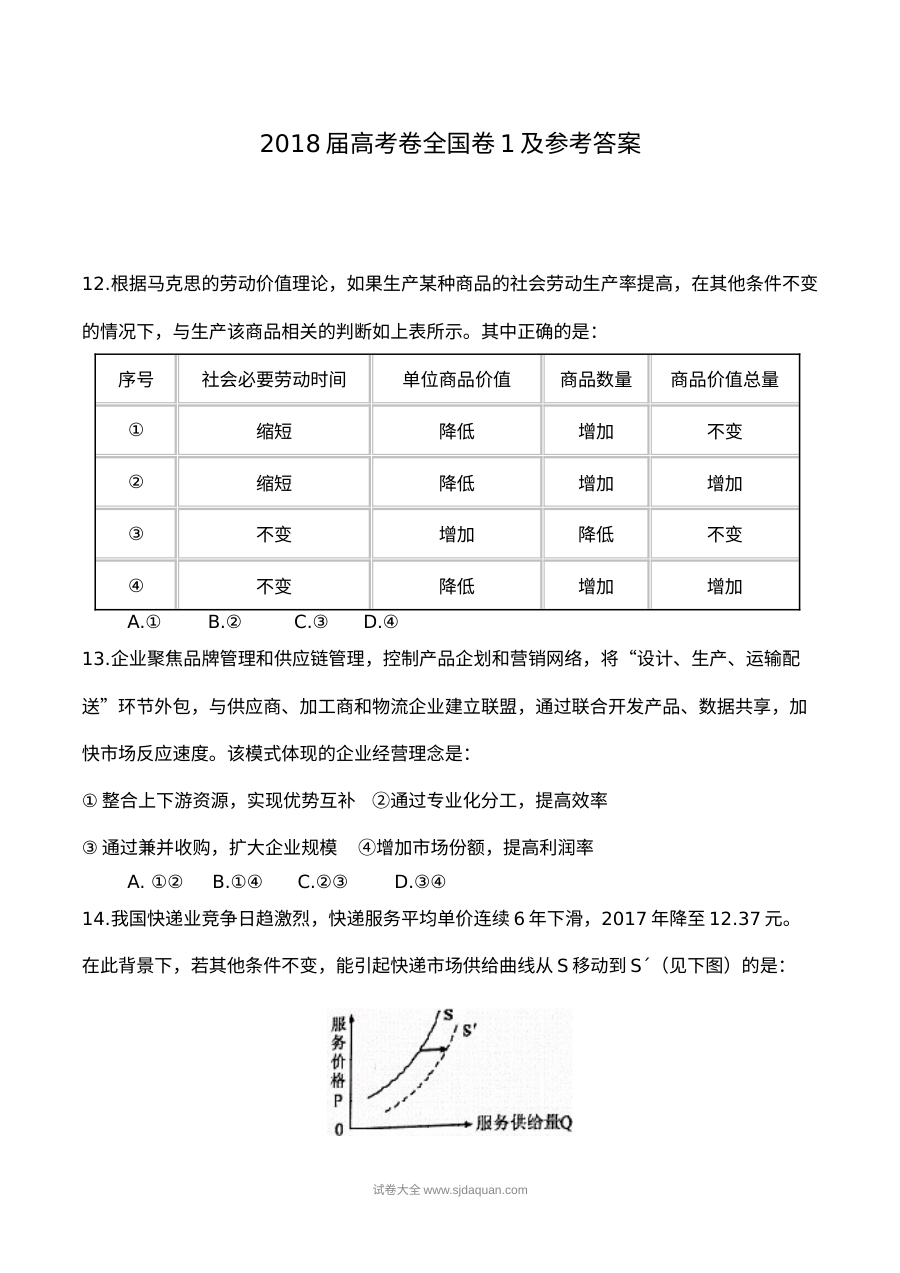 2018年山东省高考文科综合政治试题及答案（人教版）