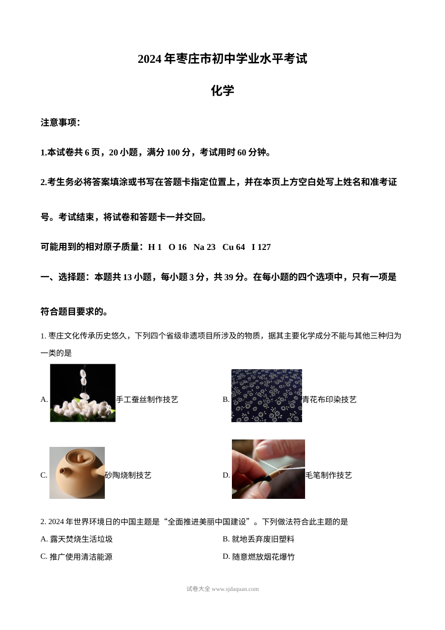 2024年山东省枣庄市中考化学真题（人教版）