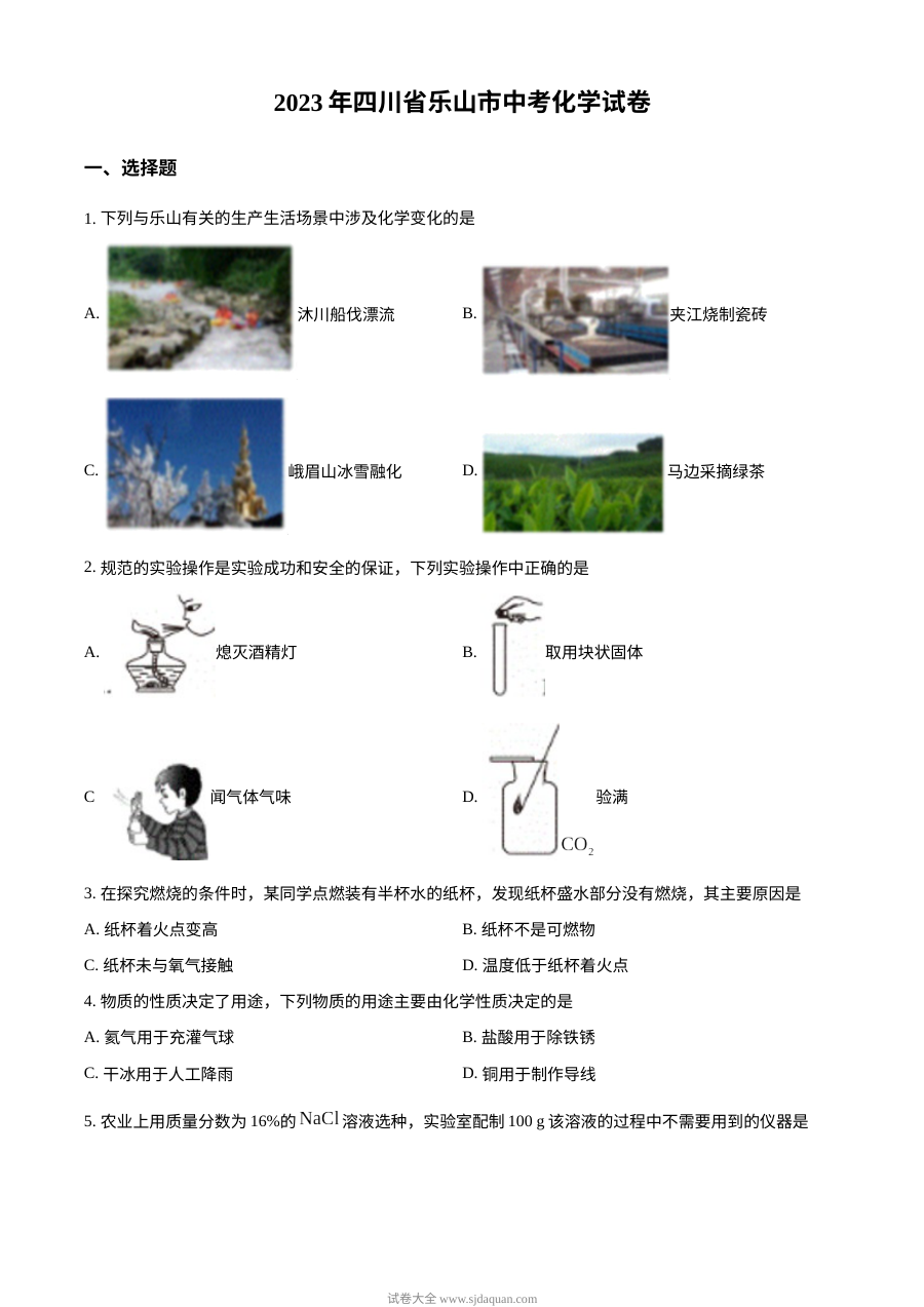 2023年四川省乐山市中考化学真题（原卷版）