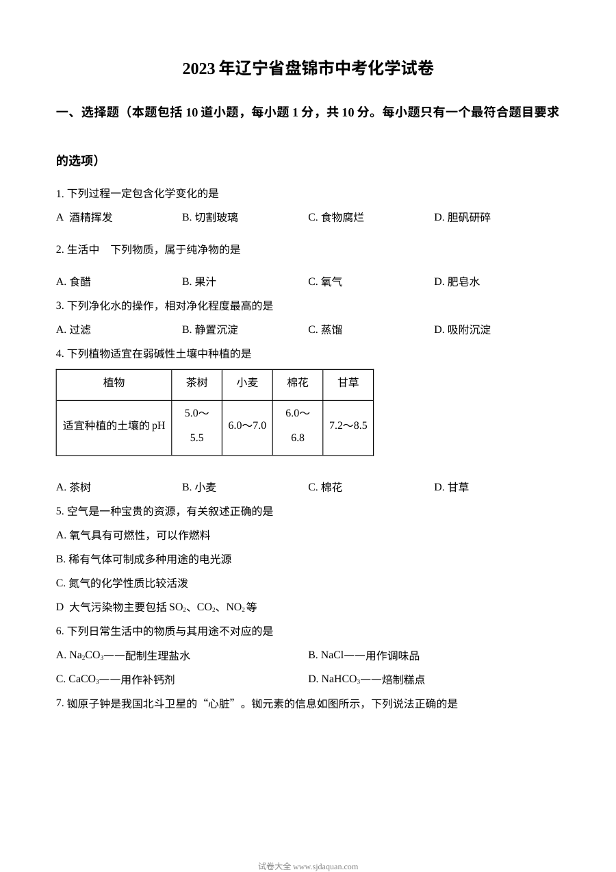 2023年辽宁省盘锦市中考化学真题试卷（原卷版·人教版）
