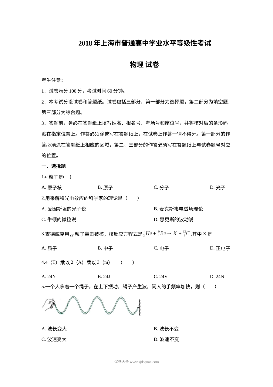 2018年上海市高中毕业统一学业考试物理试卷（Word解析版）