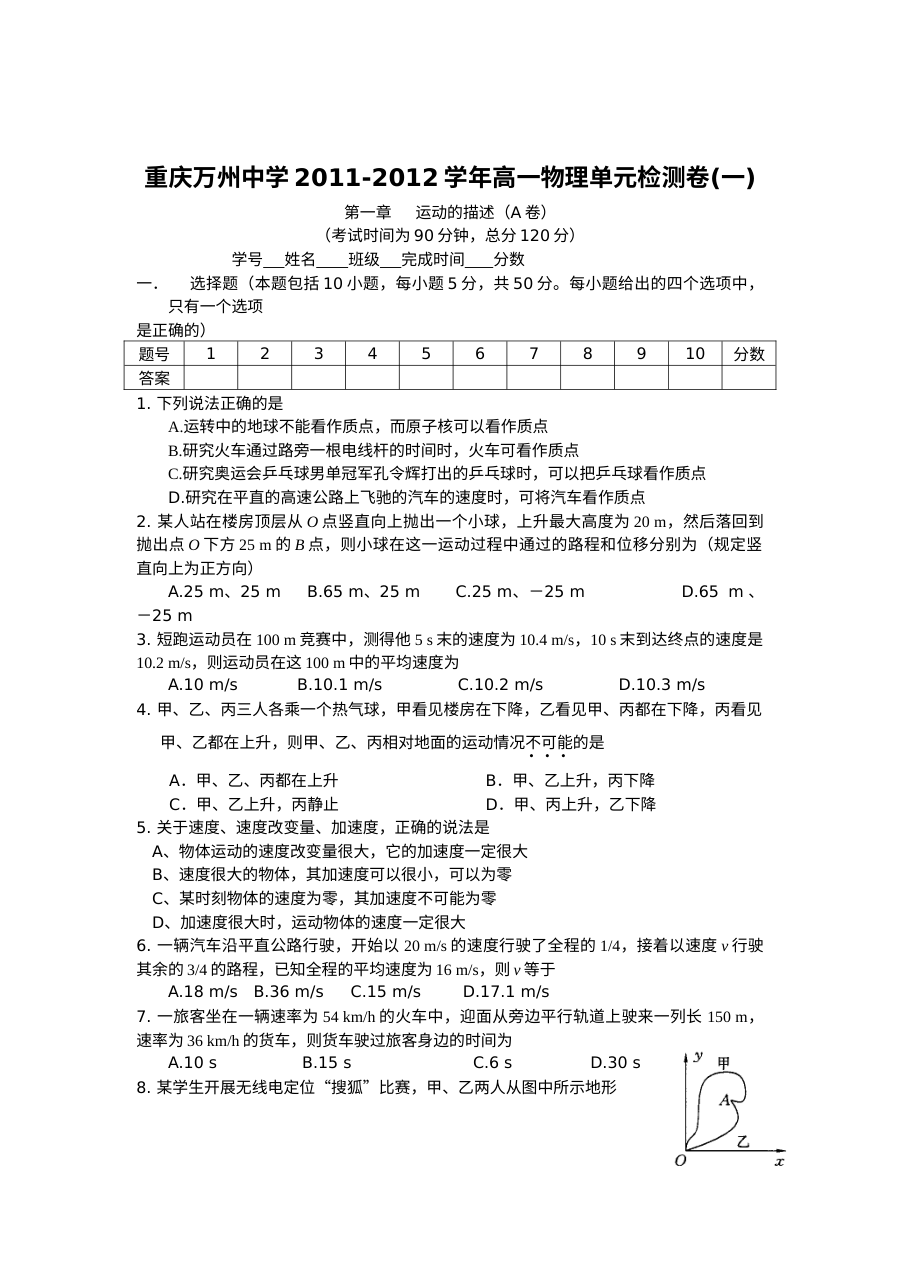 人教版高一物理必修1单元测试题集（共9套）