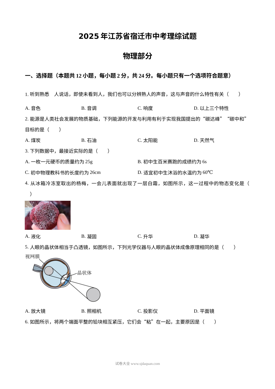 2025年江苏省宿迁市中考物理真题试卷（人教版）