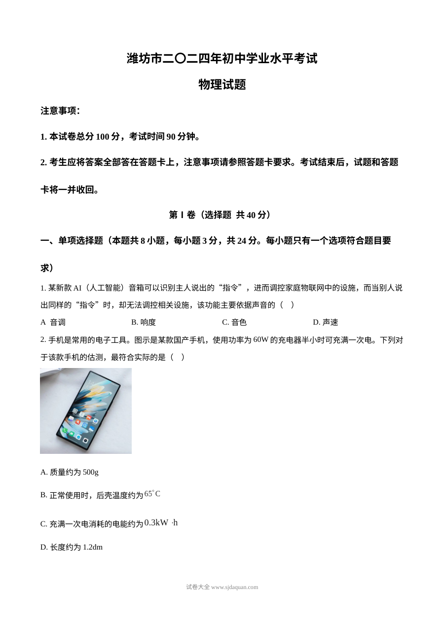 2024年山东省潍坊市中考物理真题（人教版·初三）