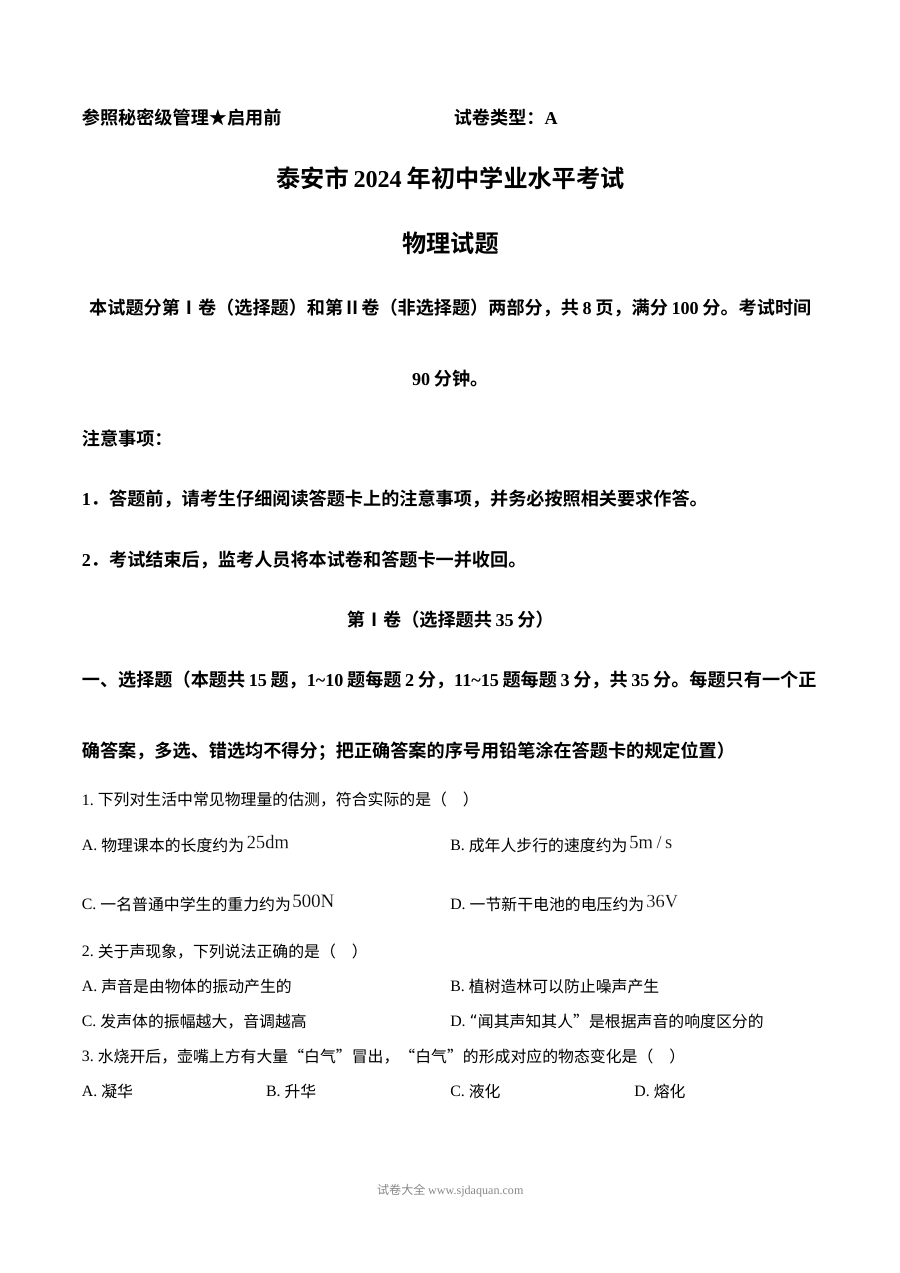 2024年山东省泰安市中考物理真题试卷（人教版）