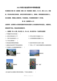 2025年四川省自贡市初中学业水平考试物理真题（人教版）